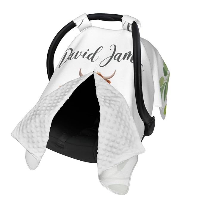 Personalized Baby Boy Car Seat Canopy for Babies, Custom Name Baby Car Seats Cover for Boys, High Land Cows Opening Minky Nursing Breastfeeding Covers for Infant, Carseat Canopies for Newborn
