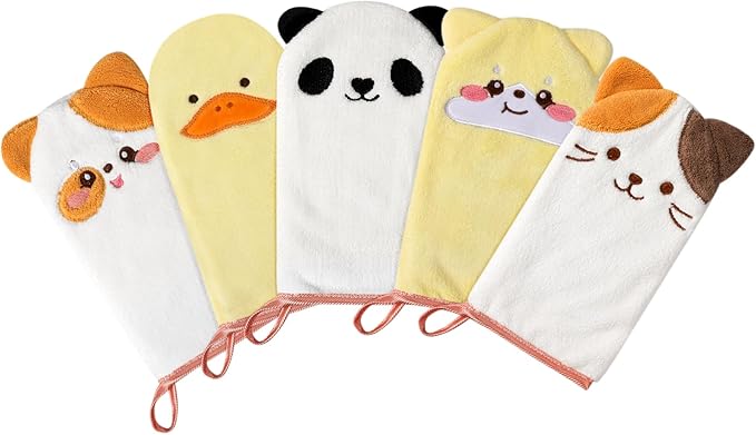PHOGARY 5-Pack Microfiber Body Wash Mitts, 4.5×9 inch Super Absorbent & Soft Face Washcloths Gloves in Cute Animal Style - Gentle Scrub for Baby, Toddler, and Kids Bath and Shower