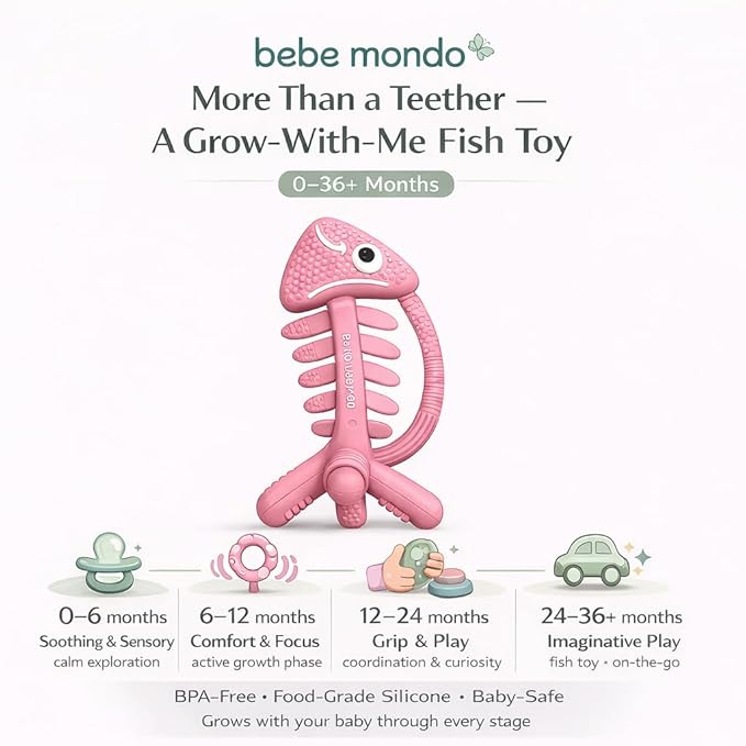 3 in 1 Infant Toys, Baby Teething Toys 3–6 6–12 Months, Teethers for Babies 0–3–6–12 Months for Teething Relief, Baby Gift, Baby Teether Toys, Silicone Sensory Toys, USA Patent Pending, Fish (Pink)