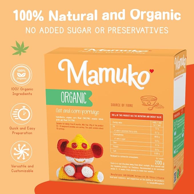 MAMUKO Organic Oat & Corn Grits Porridge - High Fiber Porridge with No Added Sugar, Milk & Preservatives - Vegan Porridge Ideal for Toddlers - (200g - 10 Servings)