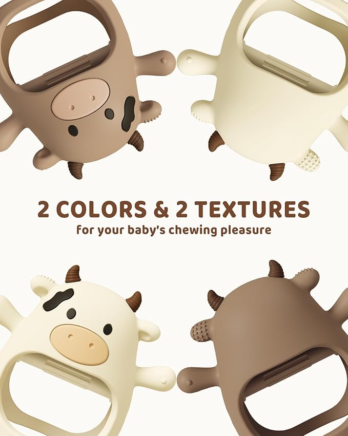 ChooKaChoo 2 Pack Baby Teething Toy for Over 3 Months, Food Grade Silicone Teething Mitten, Anti Dropping Wrist Hand Teethers Baby Chew Toys for Sucking Needs, BPA Free (MooMoo Cow)