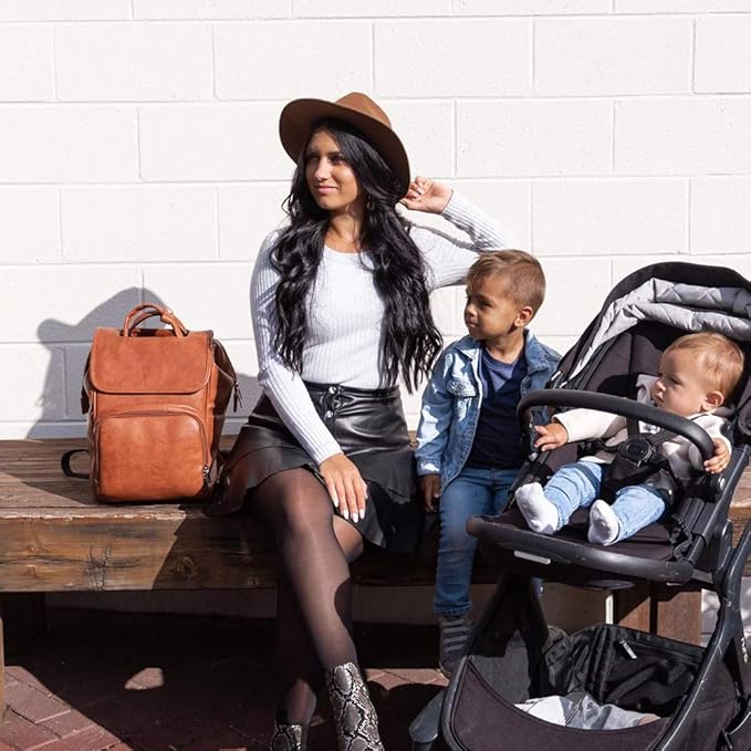 Leather Diaper Bag Backpack with Changing Mat Travel Backpack Waterproof&Insulated Large Nappy Bag Stroller Straps, Brown B, 13.8x8x18 Inch (Pack of 1), Travel Backpacks
