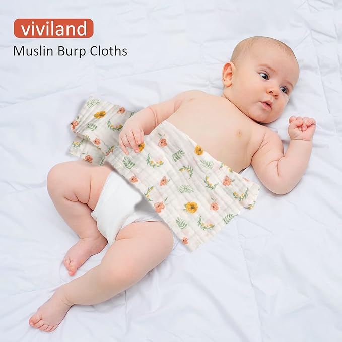 Viviland Baby Muslin Burp Cloths, 100% Cotton Super Absorbent Washcloths for Baby Girl and Boy, 10 x 20 inches 6-Layer Baby Bath Towels, Floral Pattern 4 Pack