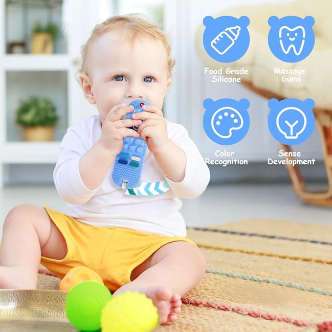Silicone Baby Teething Toys, Remote Control Shape Teethers Toys with Teething Tubes and Pacifier Clip, Baby Teething Toys for 3 Months+, Remote Teething Toy BPA Free/Freezable/Dishwasher Safe(Blue)