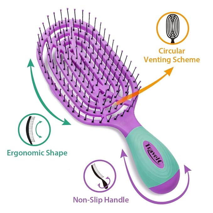 NuWay 4HAIR U.S. Patented Detangler Hair Brush for Men & Women - Purple & Teal | Hair Comb for Scalp Care - Fast Dry Venting Scheme - TravelC Detangling Brush for All Hair Type