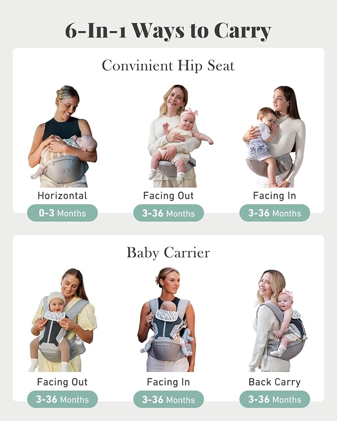 Baby Carrier, MOMTORY Safety-Certified 6-in-1 Baby Carrier with Hip Seat, Plus Size Friendly, Detachable Baby Holder Carrier Newborn to Toddler, Soft Ergonomic Toddler Support Carrier for 7-50lbs