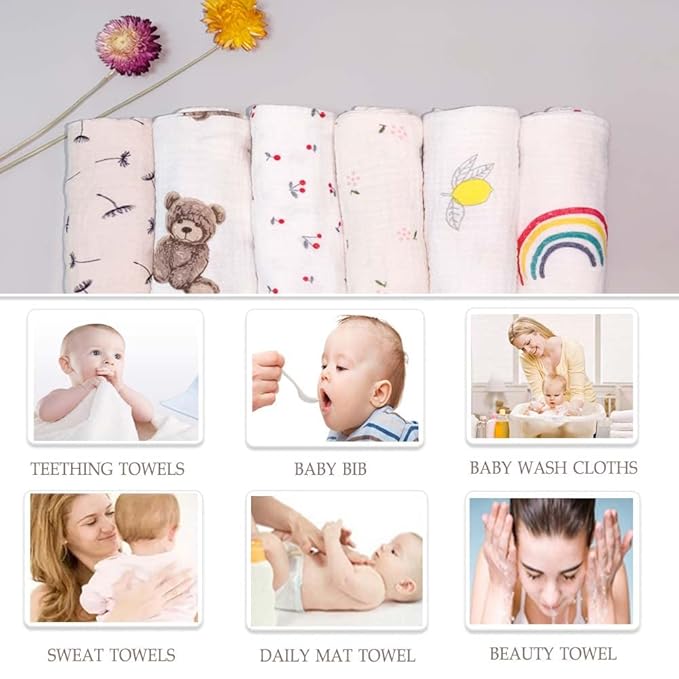 Baby Msulin Washcloths Newborn Face Towel - Baby Muslin Burp Cloths 6Pack Soft Absorbent Natural Cotton Wash Towel 10"X10" Baby Bath Towels Wipes Baby Registry as Shower