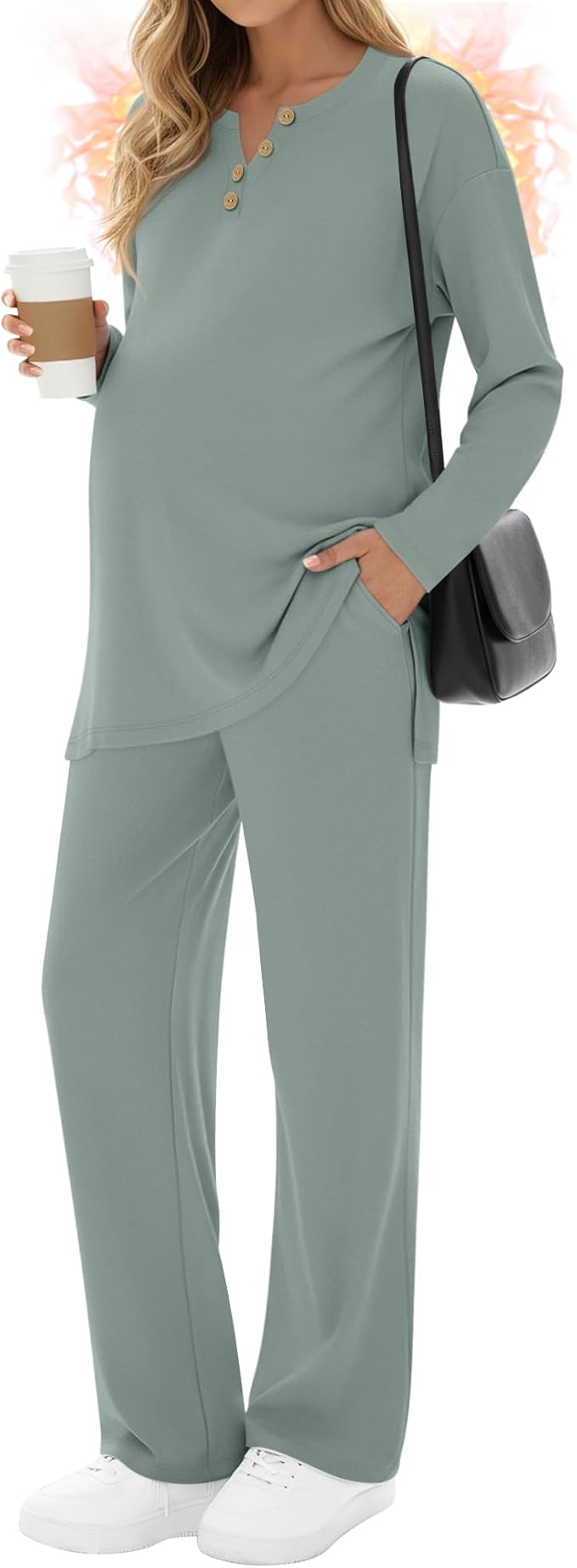 2 Piece Thermal Maternity Lounge Set Postpartum Pregnancy Fleece Loungewear Long Sleeve Top and Wide Leg Pant