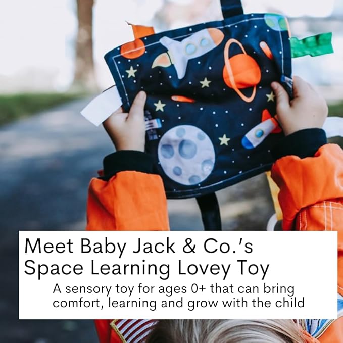 Baby Jack & Co 8x8” Outer Space Lovey Tag Toys for Babies - Crinkle Toys - Travel Self Sooth - Soft & Safe - Learn Shapes, Colors, Planets - BPA Free w/Stroller Clip