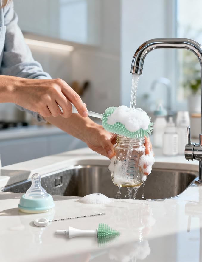 Momcozy Bottle Brush Kit Pro, Innovative Push-Press Design for Deep Cleaning - Bottle Cleaner Brush for Bottle/Breast Pumps/Nipple - Clog-Free Brush & Foam-Generating Design for Better Cleaning, Green