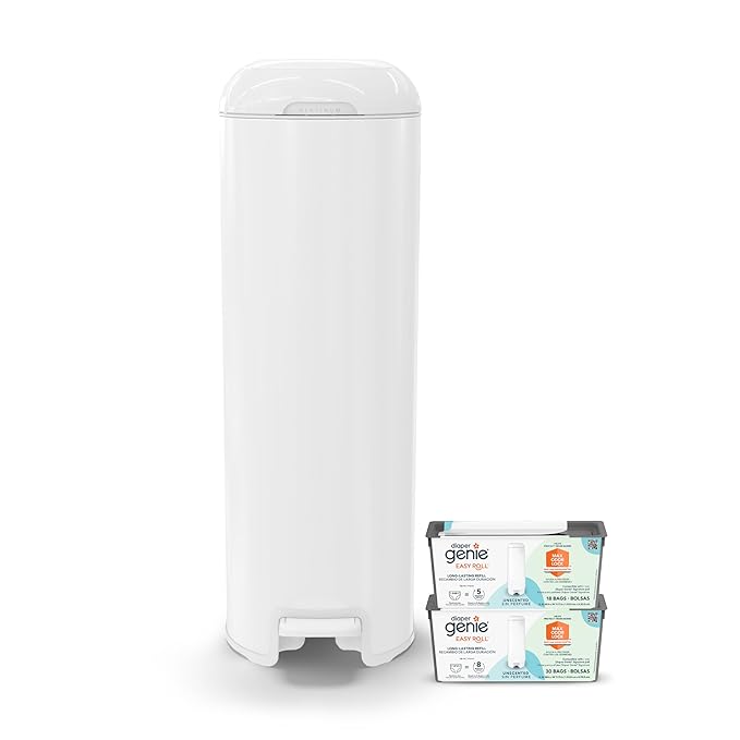Diaper Genie Platinum Diaper Pail Gift Set | Hands-Free Odor Control with Foot Pedal | Stainless Steel Baby Diaper Pail | Includes 2 Easy Roll Refills 48 Bags Total | Baby Registry Must-Have