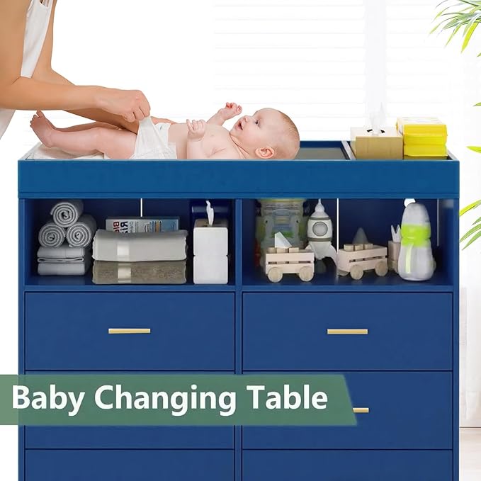 Baby Changing Table Dresser with 6 Drawers, Baby Nursery Dresser, LED Lights & Charging Station – Multifunctional Nursery Dresser with Removable Changing Top, Anti-Tip Design, Blue