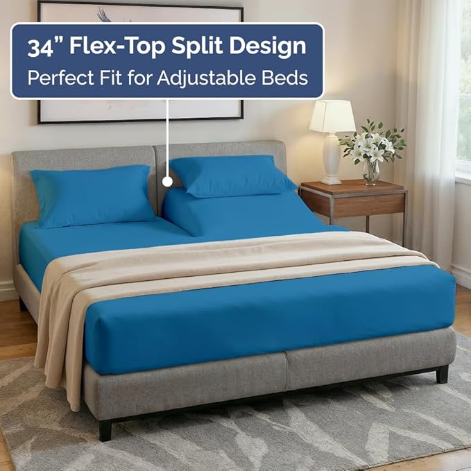 Split Head King Sheet Set – 4 Piece Flex Split Top King Sheets for Adjustable Beds - Fits 14” to 16" Mattress w/ Deep Pockets - Soft, Breathable & Cooling - Luxury Bedding & Wrinkle Free - Denim Blue