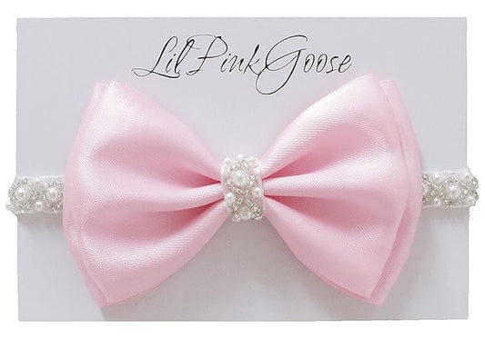 0-12 Newborn Baby Baptism Pearl Headband or Clip with Bow in WHITE Christening Headband with Satin Bow, Pearl Rhinestone Band (Pink(6-12Months), 1 Count (Pack of 1))