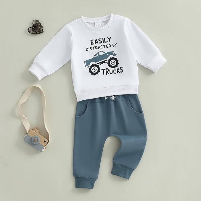 Toddler Baby Boy Fall Clothes 1T 2T 3T 4T 5T Winter Outfits Long Sleeve Trucks Sweatshirt Tops Jogger Pants Set