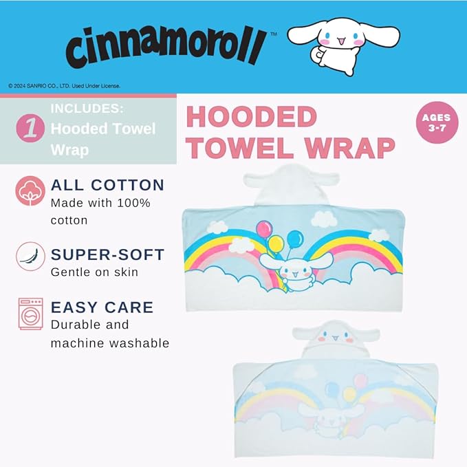 Sanrio Cinnamoroll Kids Super Soft Bath/Pool/Beach Soft Cotton Terry Hooded Towel Wrap, 24 in x 50 in, (Officially Licensed Product) by Franco
