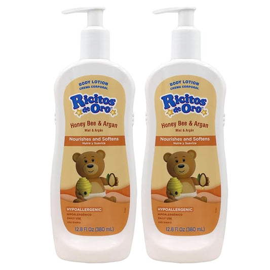 Ricitos de Oro Honey and Argan Baby Body Lotion That Helps Smooth Baby Skin -Hypoallergenic with Honey Bee Extract Delicious Scent, 2-Pack of 12.8 FL Oz Each, 2 Bottles.