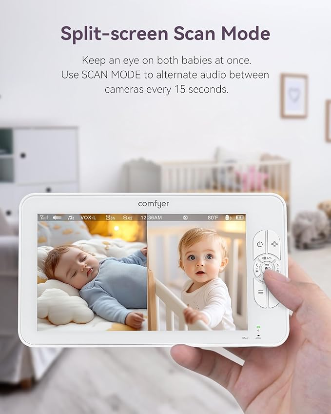 7" HD Split-Screen Baby Monitor with 2 1080P Cameras, 48 Hrs 6000mAh Battery Runs 2 Days in VOX Mode, No WiFi Monitor with a Flexible Bracket, 2 Way Audio, Remote PTZ, Auto Night Vision
