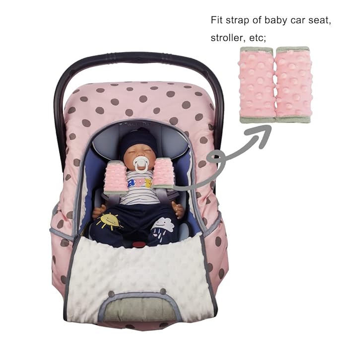 car seat Strap Cover for Baby, seat Belt Cover Cushion, Belt Pads fit Baby Carrier/Pushchair/Stroller, Cozy Peace Dotted Minky, Solid Pink