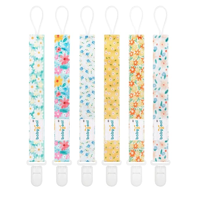 babygoal Floral Pacifier Clips, 6 Pack Binky Paci Holder Clips Leashes Fits for Most Pacifiers and Binkies 6PS31
