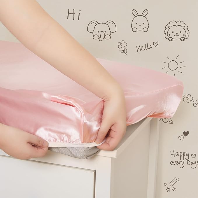 SiinvdaBZX 2 Pack Changing Pad Cover for Baby Girls Boys, Satin Silky Soft Changing Table Covers 32"x16"+5" Diaper Changing Pad Sheets, Pink & White