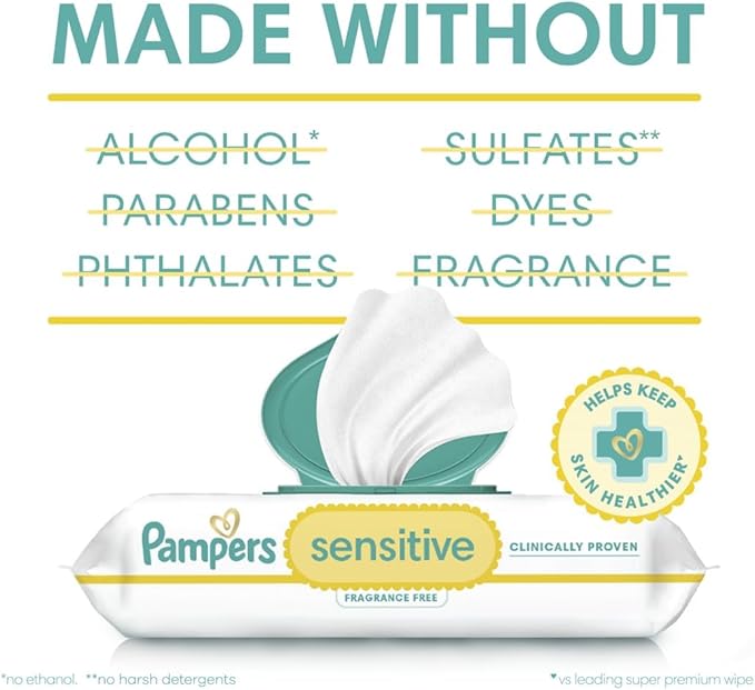 Pampers Sensitive Baby Wipes, Water Based, Hypoallergenic and Unscented, 8 Flip-Top Packs, 4 Refill Packs (1008 Wipes Total)