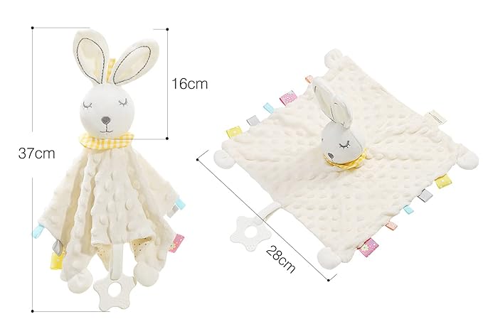 Zooawa Loveys for Babies, Security Blanket Soft Stuffed Animal Bunny Lovey Unisex Lovie Baby Stuff Snuggle Blanket with Tags Teether Bells, Soothing Plush Toys Baby Gift for Newborn, White Rabbit