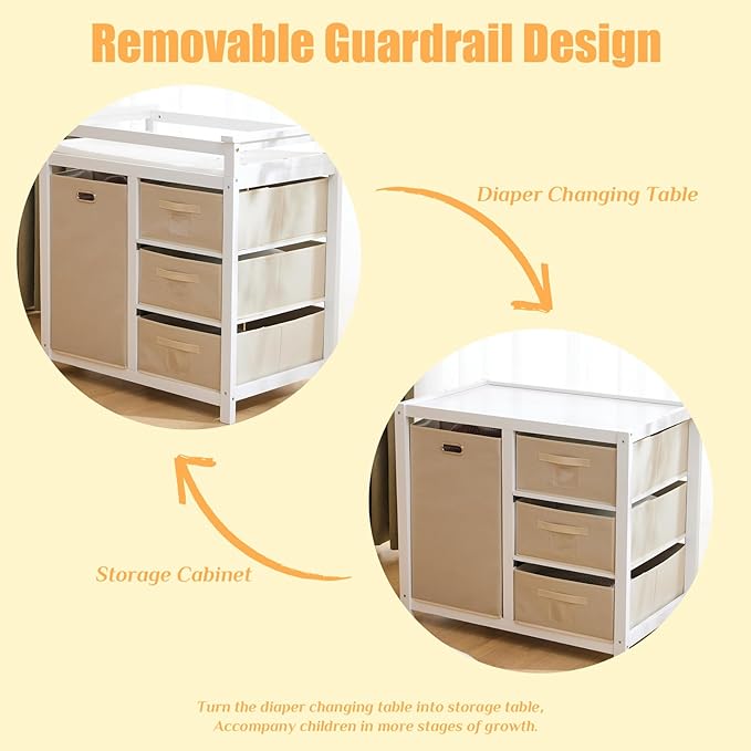 Karl home Modern Baby Changing Table,Dresser Baby Diaper Changing Station with Laundry Hamper,Infant Nursing Table with 3 Storage Drawers,Removable Safety Rail & Strap for Bedroom,Nursery,White