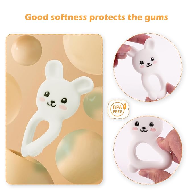 Baby Bunny Teether, Food-Grade Silicone Toy for Infants 3–12 Months, Easy-Grip Chew Toy with Textured Ears for Sensory Exploration, Freezable & Dishwasher Safe (White)