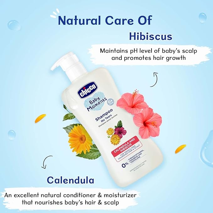 Chicco Baby Moments Shampoo for Babies, 200 ml, Calendula & Hibiscus, No Tears, Soft & Smooth Hair