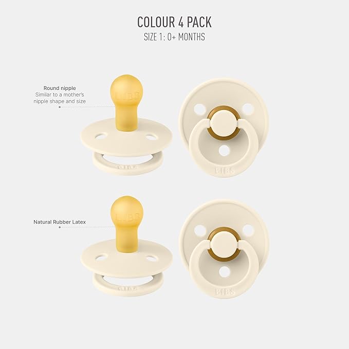 BIBS Color Pacifiers 4-Pack | BPA Free Soother Pacifier | Round Nipple | Natural Rubber Latex | Made in Europe | Size 0-6 Months | Ivory