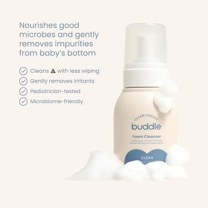 Buddle Clean Cheeks Foam Cleanser No-Rinse Baby Cleansing for Sensitive Skin, Paraben & Fragrance-Free, Pediatrician & Dermatologist Tested, 6.7oz