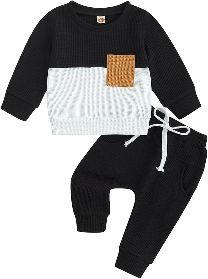 Toddler Baby Boy Fall Outfit Long Sleeve Crew Neck Contrast Color Sweatshirt Top Pant Cute Newborn Infant Waffle Clothes