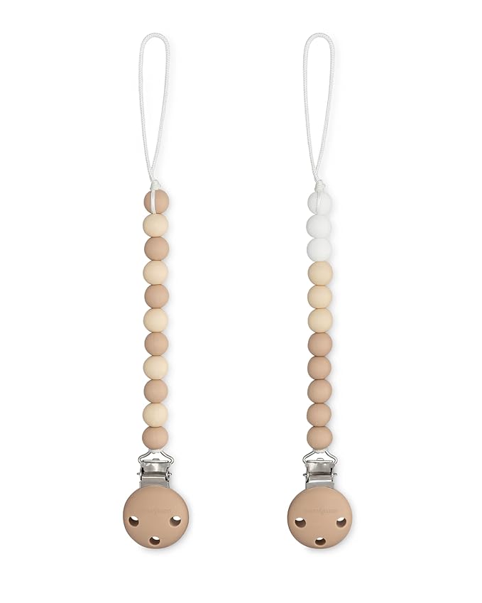 Comfy Cubs Pacifier Clips 2 Pack - 100% Food Grade Silicone Baby Pacifier Clips, BPA & PVC Free - CPSIA Certified, Lightweight and Flexible Baby Gifts - Beige, Light Beige & White