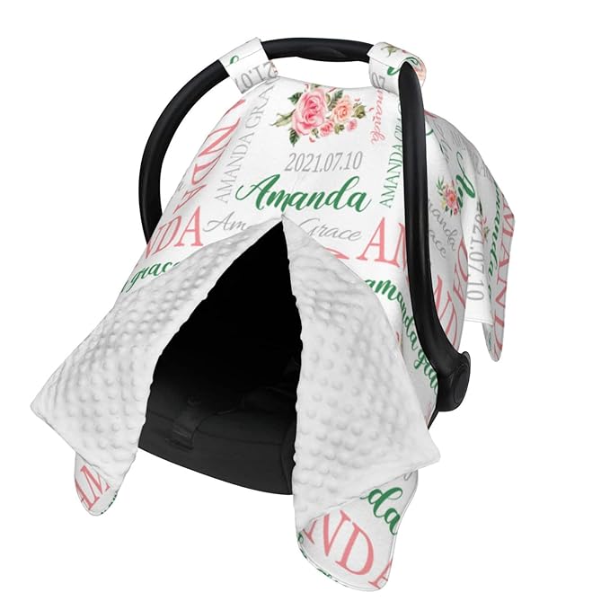 Personalized Monogram Flower Baby Car Seat Canopy for Babies with Name, Custom Car Seat Covers Boys Girls, Peekaboo Opening Minky Nursing Breastfeeding Cover Infant Car Seat Canopies for Newborn