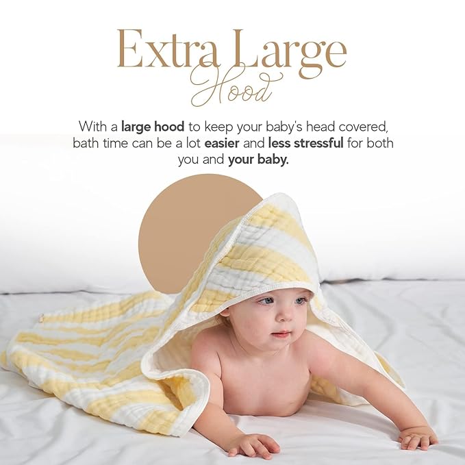 4-Pack Muslin Hooded Baby Bath Towel Set - 100% Organic Cotton, (2) 6-Layer 32x32 Towels & (2) Washcloths, Newborn & Infant Gift Set (Yellow Striped & White)