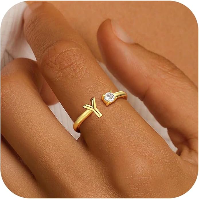 Valentines Day Gifts for Kids Teen Girls, 14K Gold Plated Adjustable Initial Rings for Women Teen Girl Trendy Stuff Birthday Valentines Day Gifts for Women Wife Mom Jewelry