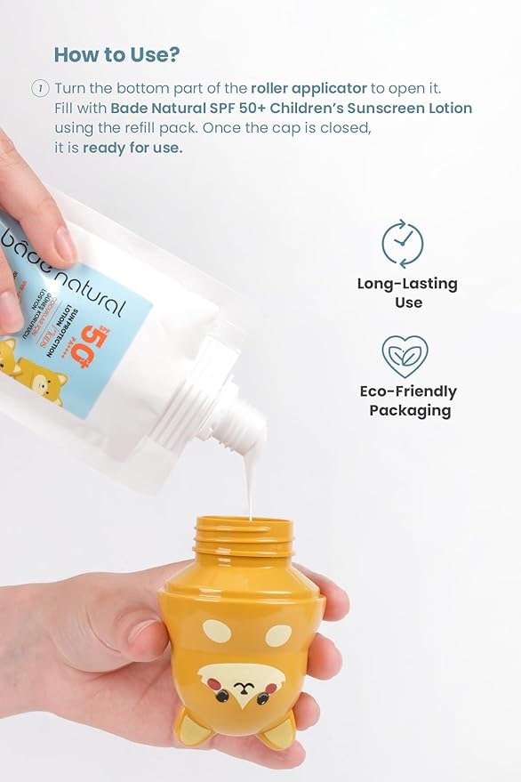 Bade Natural Refillable Cat-Shaped Sunscreen Applicator for Kids – 3.7 fl oz (110 ml) Roll-On Bottle – Empty, Reusable Dispenser for SPF Lotion – Soft Applicator Tip, Travel-Friendly