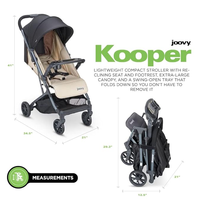 Joovy Kooper Lightweight Baby Stroller Featuring Removable, Swing-Open Tray, Big Wheels, Reclining Seat with Footrest, Extra-Large Retractable Canopy, and Compact Fold (Sand)