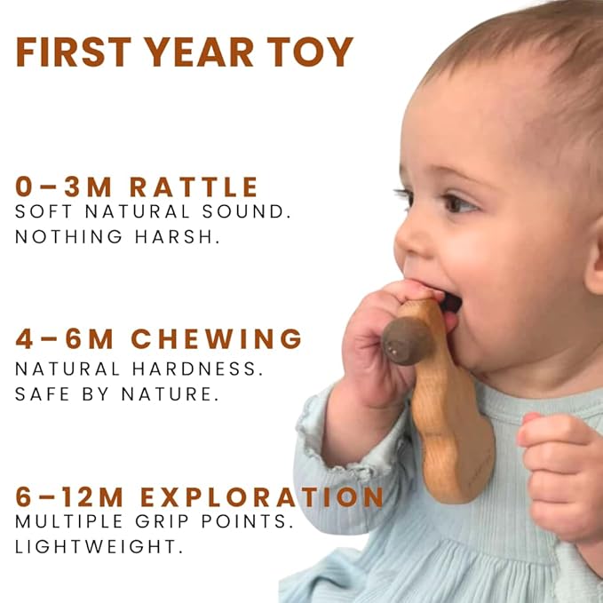 Wooden Guitar Teether Rattle for Babies | Natural Beechwood & Walnut Wood | Non-Toxic Organic Teething Toy | 0-12 Months | ASTM EN71 CPSC Certified | Gift for Baby Shower