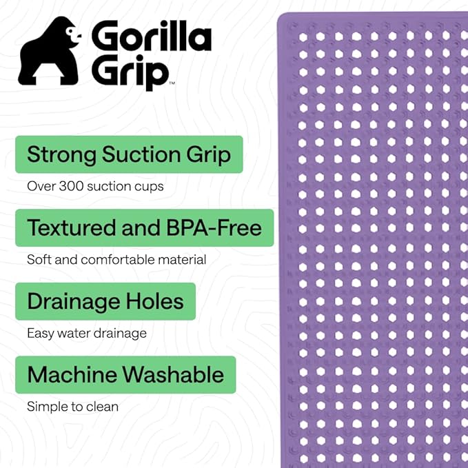 GORILLA GRIP Patented Bath Tub Shower Mat, Machine Washable Bathtub Floor Liner Mats, Suction Cups and Drain Holes to Keep Tubs Clean, Soft on Feet, Bathroom Essentials, 35x16 Inch, Purple Opaque