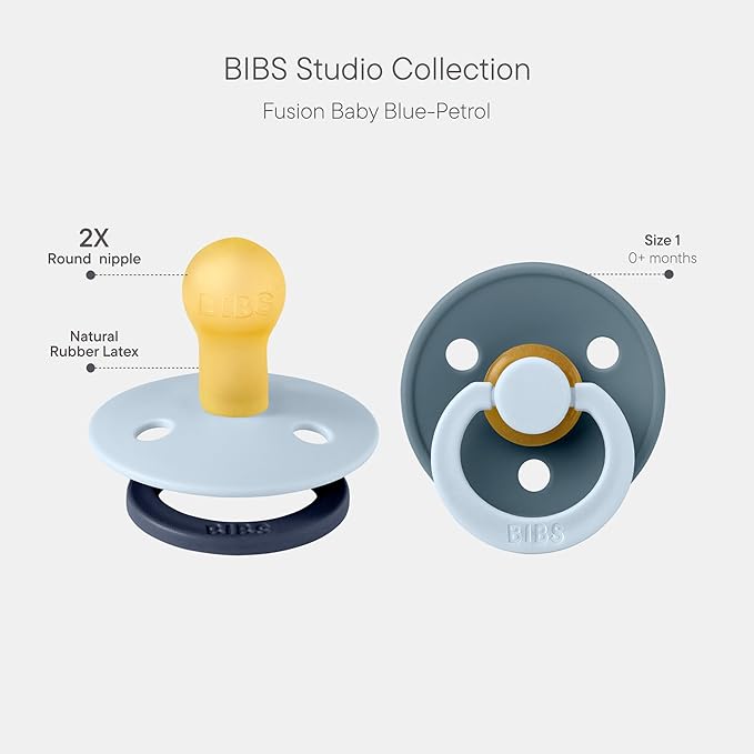 BIBS Colour Studio Pacifier 2-Pack, BPA Free, Round Nipple. Natural Rubber Latex, Made in Denmark, Size 1 (0-6 Months) - Baby Blue/Petrol