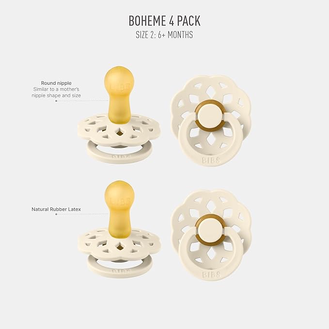 BIBS Boheme Pacifier 4-Pack. BPA Free Dummy Pacifier, Round Nipple. Natural Rubber Latex, Made in Denmark, Size 2 (6-18 Months), Ivory