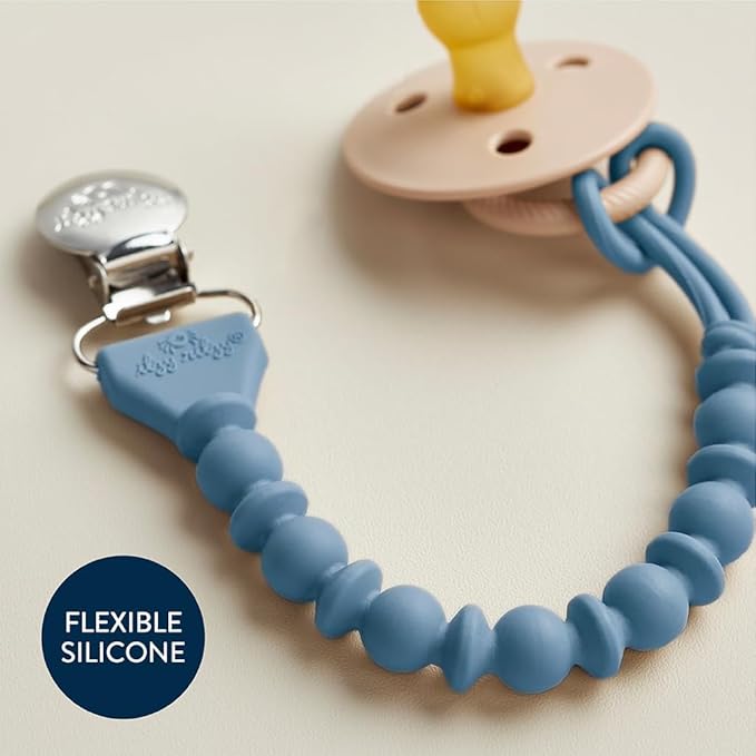 Itzy Ritzy Silicone Pacifier Clip; 100% Food Grade Silicone Pacifier Strap with Clip Keeps Pacifiers, Teethers & Small Toys in Place Features One-Piece Design & Cord (Blue)