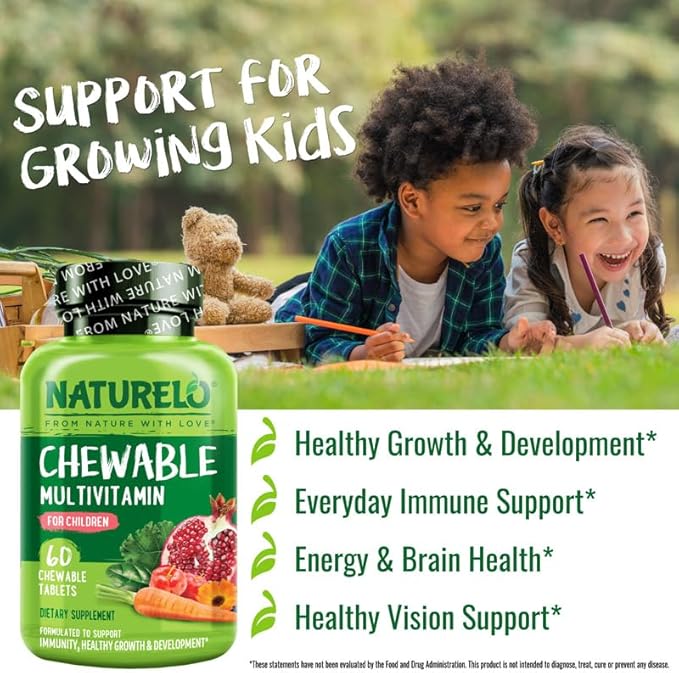 NATURELO Chewable Vitamin for Kids Multivitamin with Whole Food Organic Fruit Blend - 60 Tablets for Children (Pack of 2)