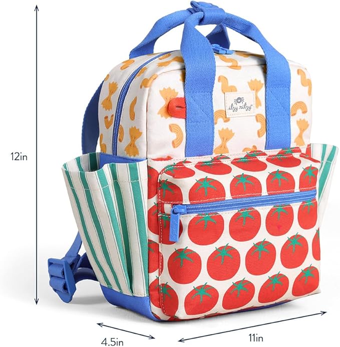 Itzy Ritzy Toddler Backpack - Daycare Bag - Features Adjustable Shoulder Straps, 2 Side Pockets & Spacious Interior with Wipeable Fabric Lining & Name Label, Pasta