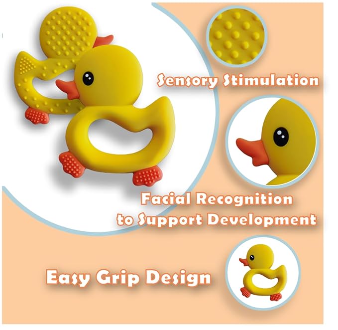 [BabyBite] Baby Teething Toys Cute Duck Teether for Sensory and Developmental Play for Baby and Toddler 100% BPA Free Food Grade Silicone (Blue)