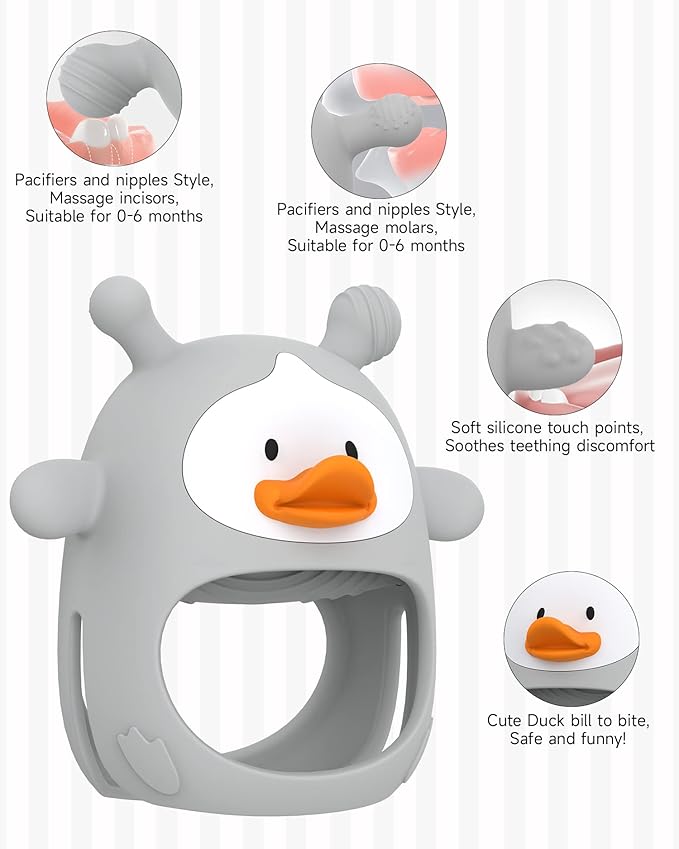 Teething Toys for Babies 0-6 Months, Never Drop Silicone Baby Teether, Hand Pacifier for Sucking Babies, Soothing Pain Relief, Best Chew Toy for Teething Baby, Teething Mitten for New Born -Grey