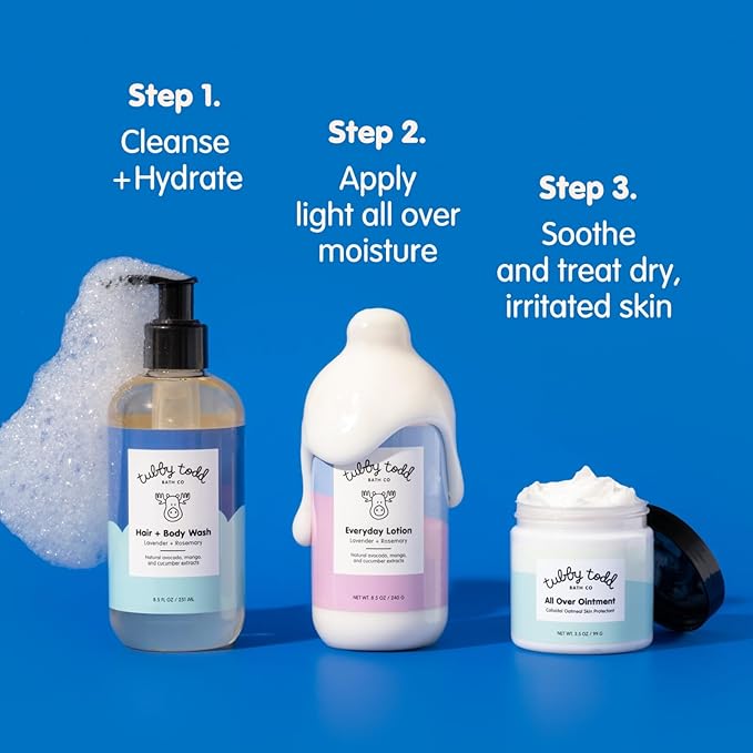 TUBBY TODD 3-Step Baby Bath & Skincare Routine - The Regulars Bundle - Baby Shampoo and Body Wash, Everyday Lotion 25 Oz & All Over Ointment 8 Oz - Lavender Rosemary