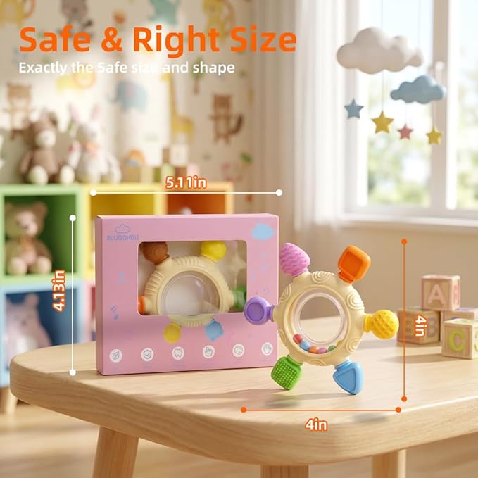 Baby Teething Toys for 0-6 Months,Babies Rattle Teether Sensory Toy for Baby 6-12 Months,Ring Teether Infant Toys for Babies 0-24Months,BPA Free Babys Chew Toys Newborn Infant Toys Gifts